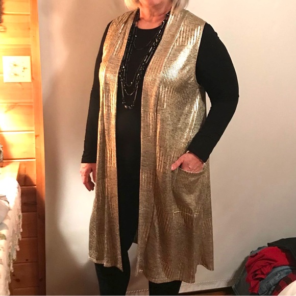 Expresso Long Gold Shine Vest with Pockets 97% Poly 3% Spandex Med or Large - Picture 2 of 16